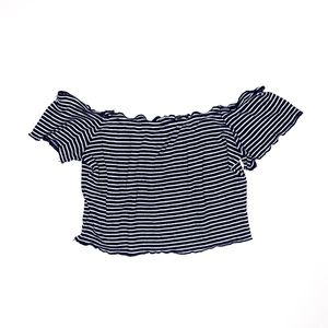 Off The Shoulder Crop Top - Blue/White Stripes